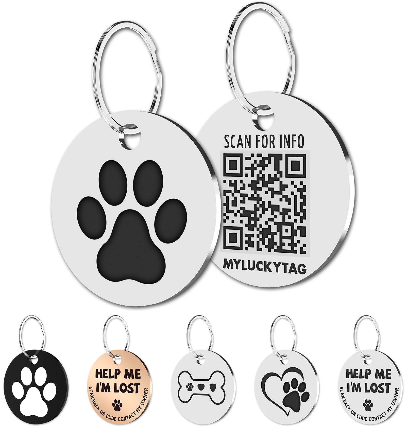 MYLUCKYTAG Stainless Steel QR Code Pet ID Tags Dog Tags - Pet Online Profile - Scan QR Receive Instant Pet Location Alert Email